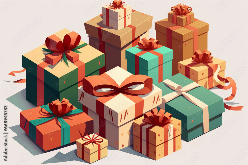 Obraz premium Christmas, new year holiday present boxes, gifts pile with bright wrapping, silk ribbon bows on copy space background. Realistic element, winter sale, discounts design symbol. Set of Christmas gifts