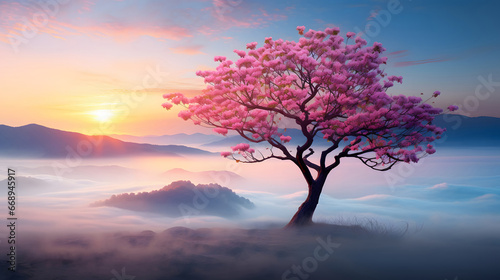 tree on the hill, tree in the fog, tree in the morning, sunrise in the mountains with fog © Planetz