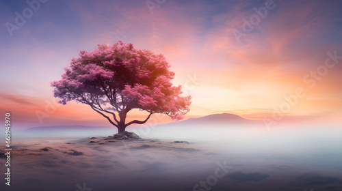 tree on the hill, tree in the fog, tree in the morning, sunrise in the mountains with fog