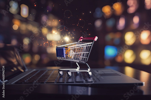 Online shopping, digital shopping cart, e-commerce, person typing on a laptop, to buy products & services on a website, portal, internet sales, virtual store, marketplace, checkout, payment, order, photo