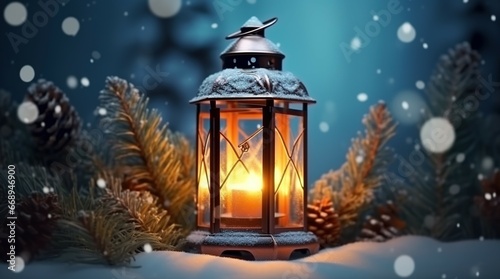 Christmas background decoration design with lanterns or candles illuminated on snow with beautiful bokeh backdrop at night.