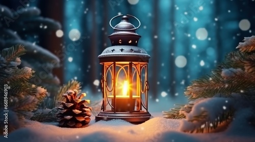 Christmas background decoration design with lanterns or candles illuminated on snow with beautiful bokeh backdrop at night. © Komkit