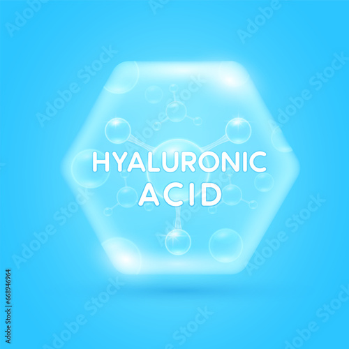 Blue hyaluronic acid solution in hexagon. Collagen and Moisturizer Vitamins serum skin care. For cosmetic label or beauty nutrition. Essential supplement to the health skin. Vector EPS10.