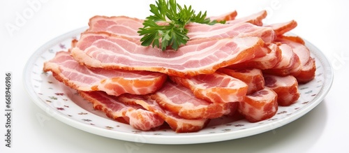 A close up group of pork bacon isolated on a white plate and background