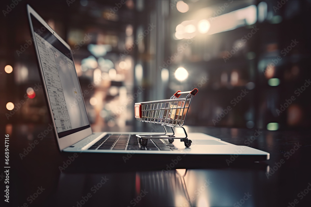 Online shopping, digital shopping cart, e-commerce, person typing on a laptop, to buy products & services on a website, portal, internet sales, virtual store, marketplace, checkout, payment, order, - obrazy, fototapety, plakaty 