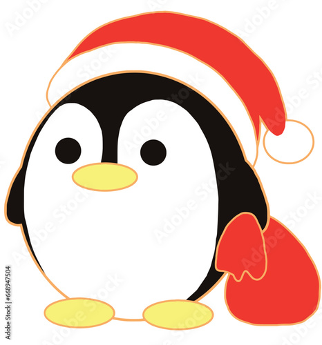 Little penguin with Red Christmas hat and red bag ready to go out to bring gift for everyone.