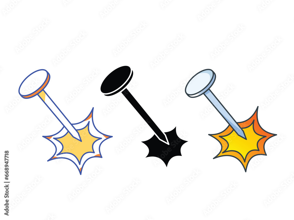 Three nail stab on plain background. Vector icon silhouette illustration set collection isolated on square white background. Simple flat minimalist cartoon art styled drawing. Three nail stab on plain background. Vector icon silhouette illustration set collection isolated on square white background. Simple flat minimalist cartoon art styled drawing.