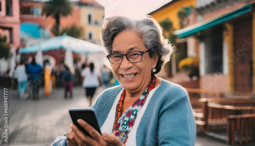old woman looking at a smartphone screen and laughing 
