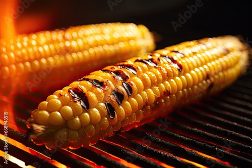 Close-up shot of Grilled Corn on the Cob, showcasing its smoky charred kernels, a tempting summer delight. photo