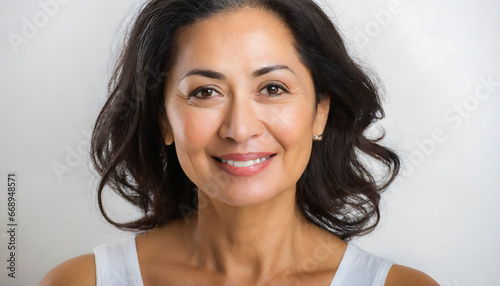 studio portrait of latin american woman between 40 and 50 years old smiling, skin care concept