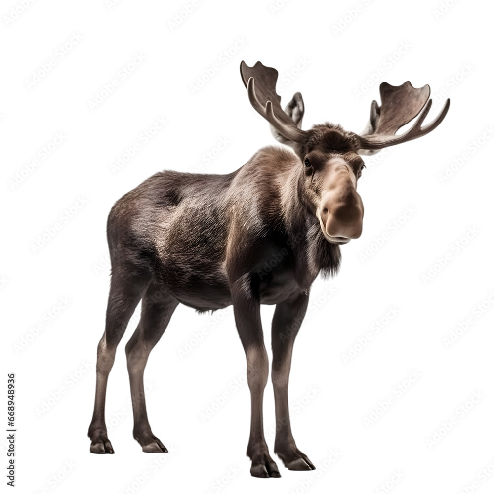 Fototapeta premium full-body shot, brown male moose standing and looking at the camera, isolated on transparent background. 