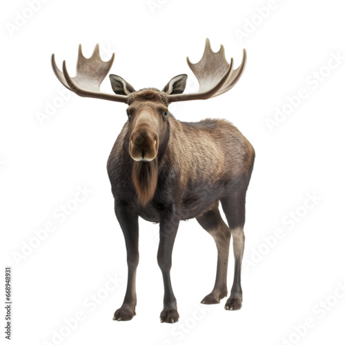 full-body shot  brown male moose with standing posture isolated on transparent background and looking at the camera.  