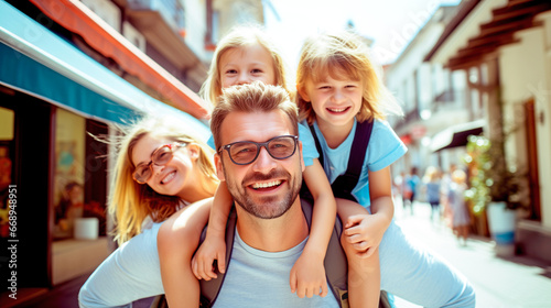 FATHER GIVING LITTLE CHILDREN PIGGYBACK RIDES SMILING. legal AI