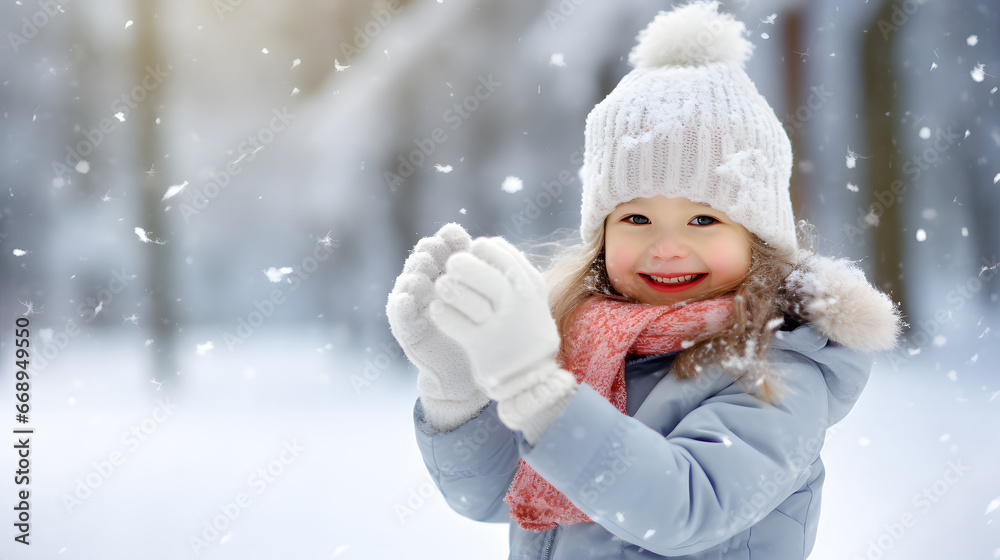 Smiling little girl having fun in beautiful winter park during snowfall