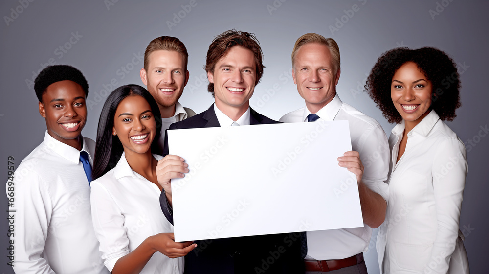 MULTIRACIAL HAPPY GROUP OF BUSINESS PEOPLE HOLDING BLANK PLACARD. legal AI MULTIRACIAL HAPPY GROUP OF BUSINESS PEOPLE HOLDING BLANK PLACARD. legal AI