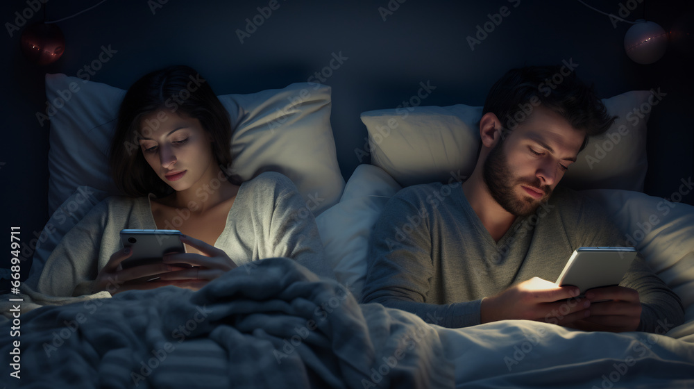 Young couple lying in bed while using smart phones, bored distant couple ignoring each other while using mobile phones. Addiction to social media and technology Young couple lying in bed while using smart phones, bored distant couple ignoring each other while using mobile phones. Addiction to social media and technology
