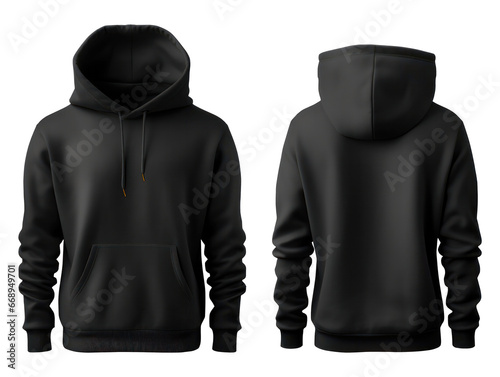 Set of black long-sleeved sweater hoodie hoody front and back on transparent background cutout, PNG file. Mockup template for product presentation.