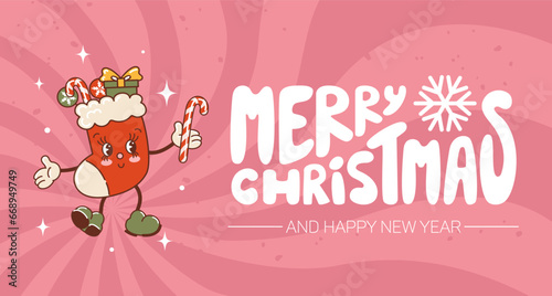 Merry Christmas stocking, cute character dancing. Horizontal banner. Lollipops, gifts, candy cane. Old retro cartoon style lettering, holiday illustration. For advertising, website, poster, sale flyer