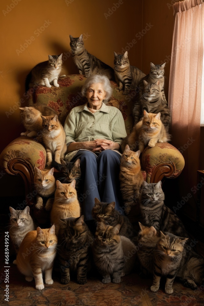 Granny with cats in a chair