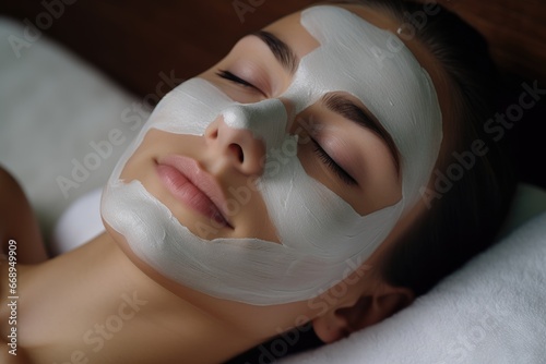 White mask is applied to young girl's face with her eyes closed, cosmetology and care