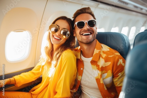 A man and a woman on a plane are flying on vacation to the sea © Good AI