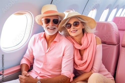 Retired husband and wife fly on vacation in an airplane. They are in bright clothes and happy © Good AI
