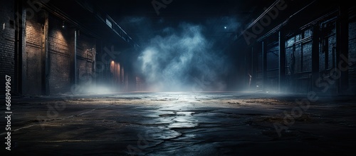 Night view of a deserted street with neon lights smoke and a dark background