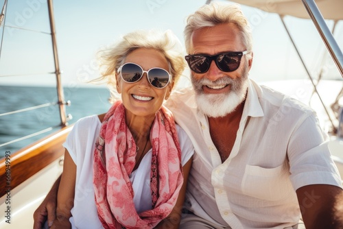 Husband and wife pensioners in bright clothes, resting on the seashore