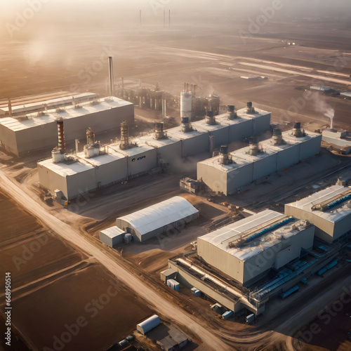 Aerial view of environmental pollution by factory emitting harmful gas located in middle of a dessert