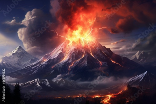 Un volcán en erupción en un paisaje nevado photo