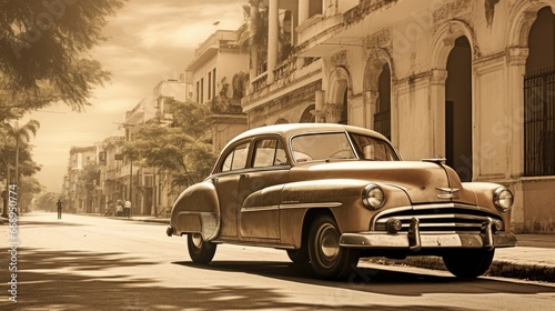 Retro concept image in sepia colored cars and city, Havana style.
