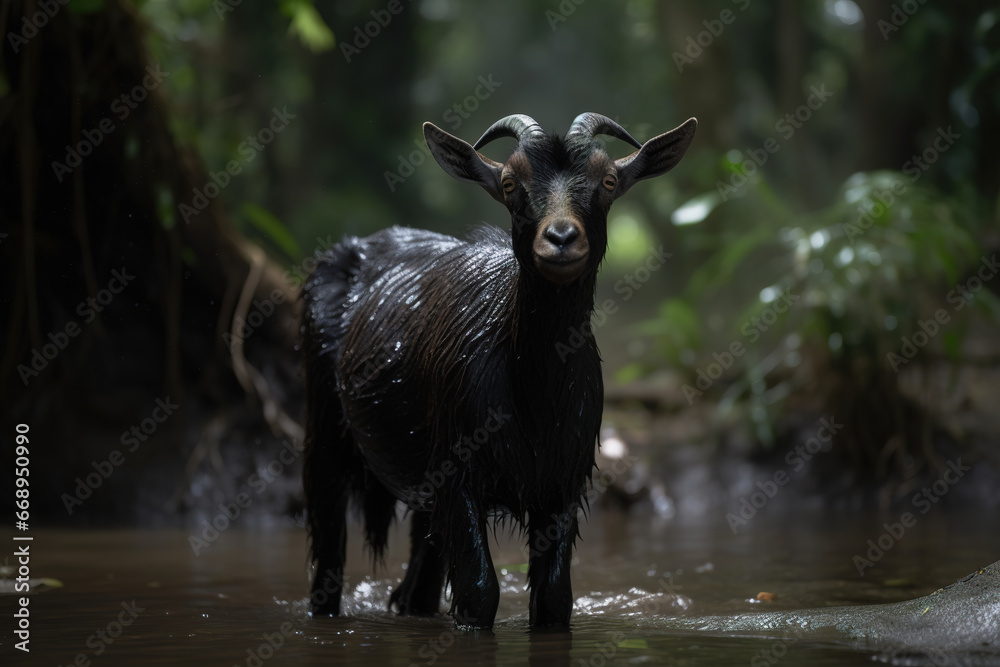 Image of black goat standing in the forest. Wildlife Animals. Image of black goat standing in the forest. Wildlife Animals.