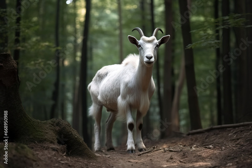 Image of white goat standing in the forest. Wildlife Animals.