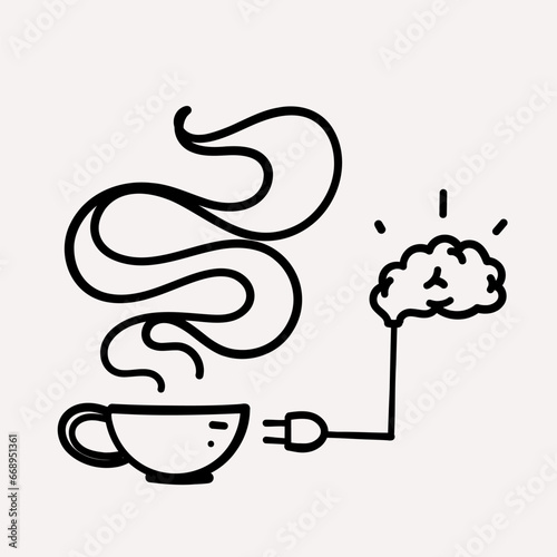 hand drawn doodle hot coffee cup with brain illustration vector