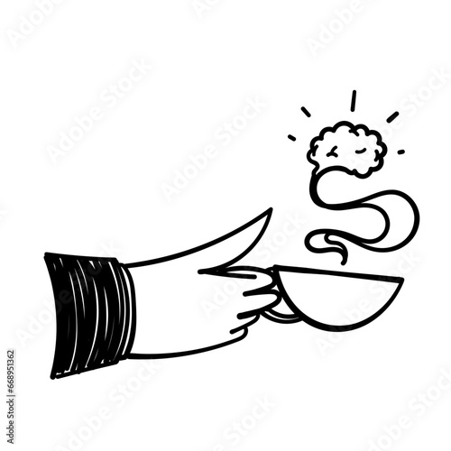 hand drawn doodle hot coffee cup with brain illustration vector