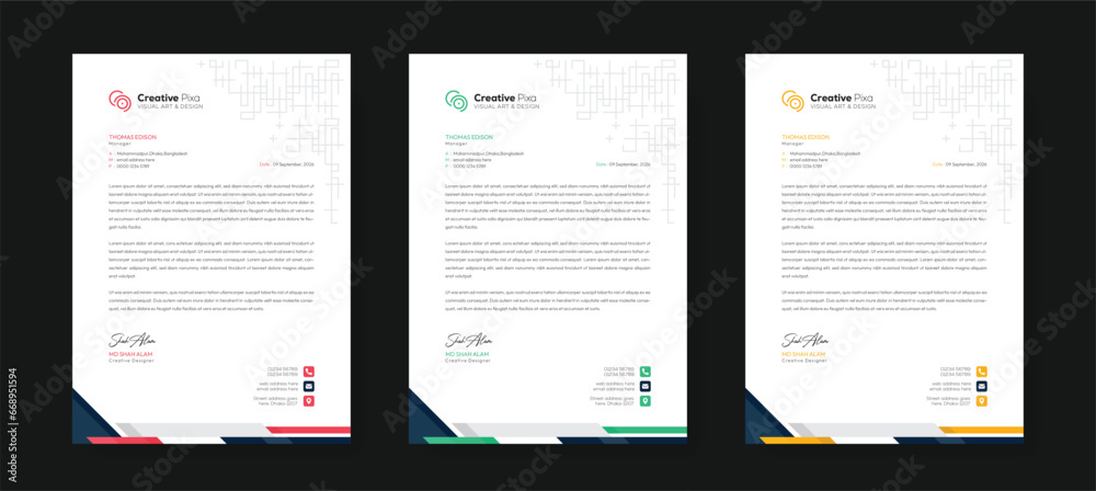 Minimal creative professional newsletter corporate modern business proposal letterhead design template with color variation bundle. Creative letterhead design template for your business.
