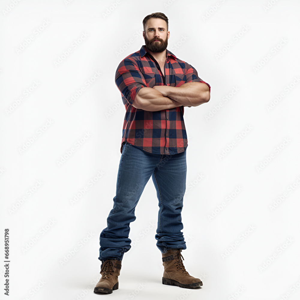 Naklejka premium young adult lumberjack with red plaid shirt, standing full body, white background