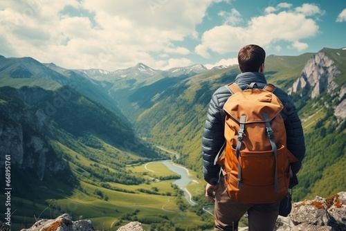 a man with a backpack in the mountains. tourist, traveler. active lifestyle.