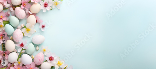 Colorful Easter egg side border on blue background. Happy Easter concept. Pastel color eggs and flowers. Banner with blank space for text. Flat lay top view. Generated by artificial intelligence