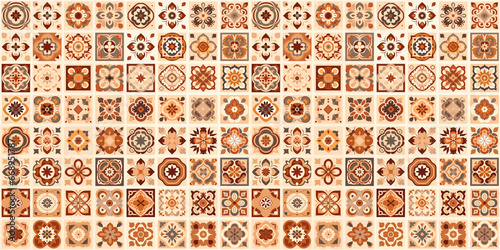 Ornamental brown and beige tiles. Portugal traditional geometric mosaic ceramic design, decorative patchwork surface.