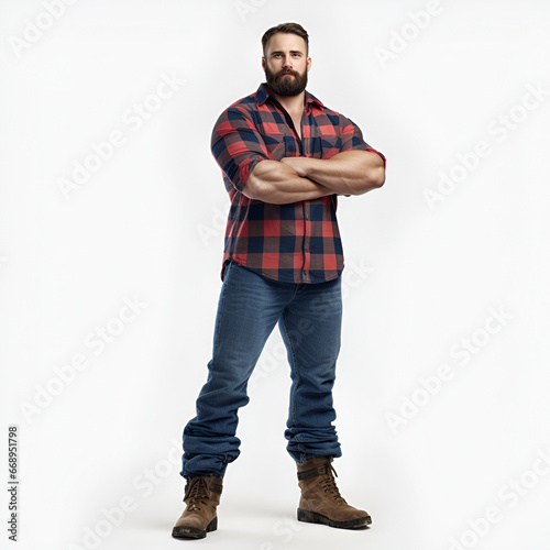 young adult lumberjack with red plaid shirt, standing full body, white background