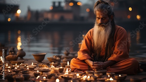 A Hindu pilgrim making an offering at the Ganges River in Varanasi, India. Varanasi is the spiritual capital of India 