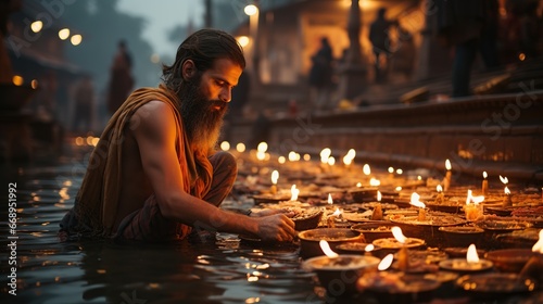 A Hindu pilgrim making an offering at the Ganges River in Varanasi, India. Varanasi is the spiritual capital of India  photo