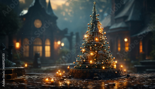A Christmas tree, with its lush dark green foliage, is adorned with twinkling lights and colorful decorations