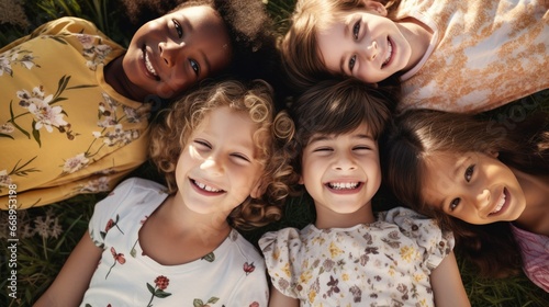 Group of diverse cheerful fun happy multiethnic children lying on field outdoor.