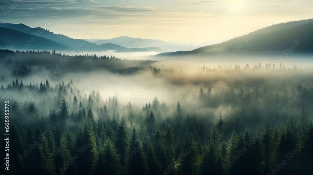 Landscape of misty pine forest valley under morning sunlight