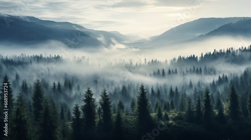 Landscape of misty pine forest valley under morning sunlight