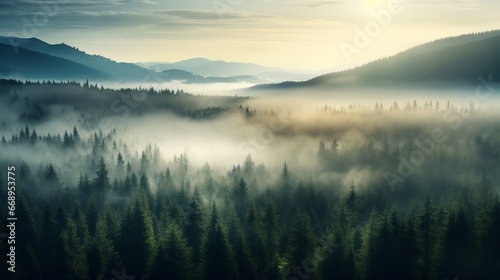 Landscape of misty pine forest valley under morning sunlight