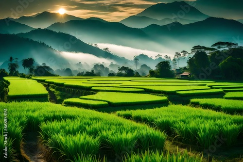 Layer of green rice farm with mountains and mist