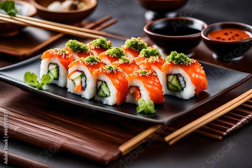 Japanese-style sushi rolls with wasabi and soy sauce